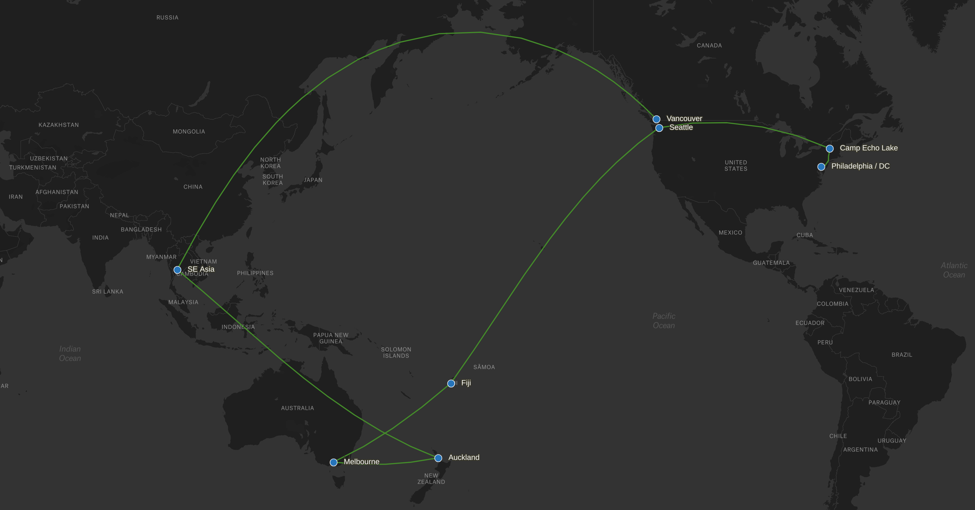 World map showing route from DC, Camp, Seattle, Fiji, Melbourne, Auckland, SE Asia (Bangkok), Vancouver